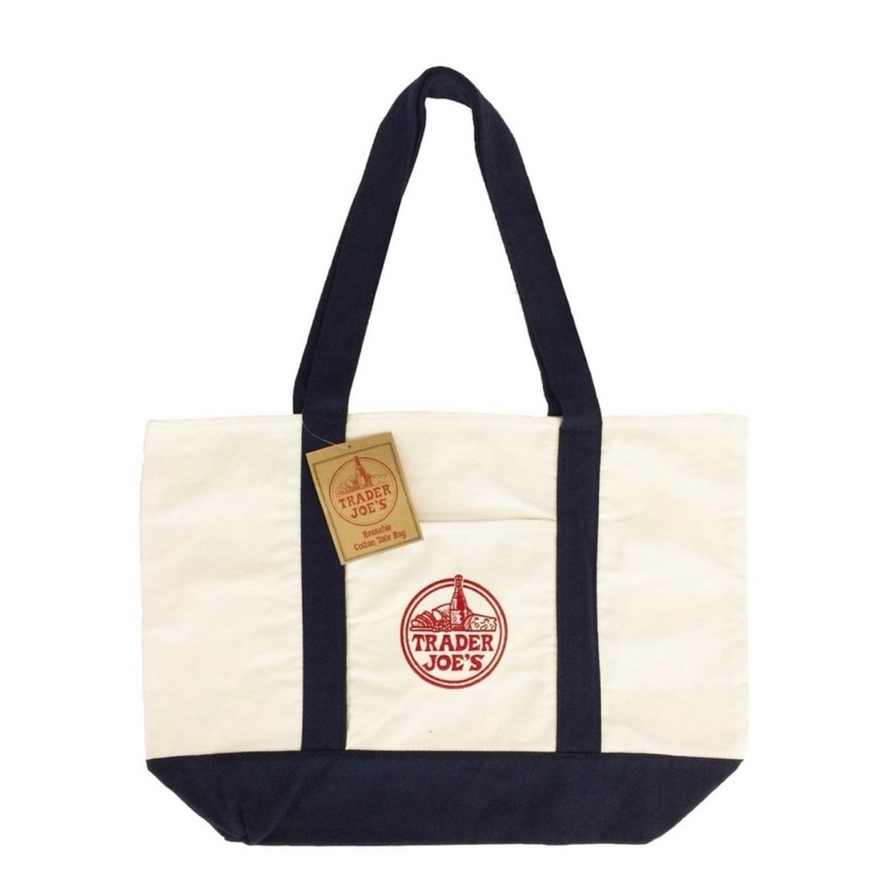 Trader Joe's Cream Canvas Tote with Navy Accents
